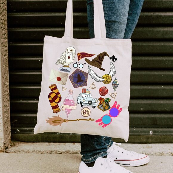 Magic Witch Wizard School Collage Bookish Cotton Canvas Tote Bag - Picture 1 of 5